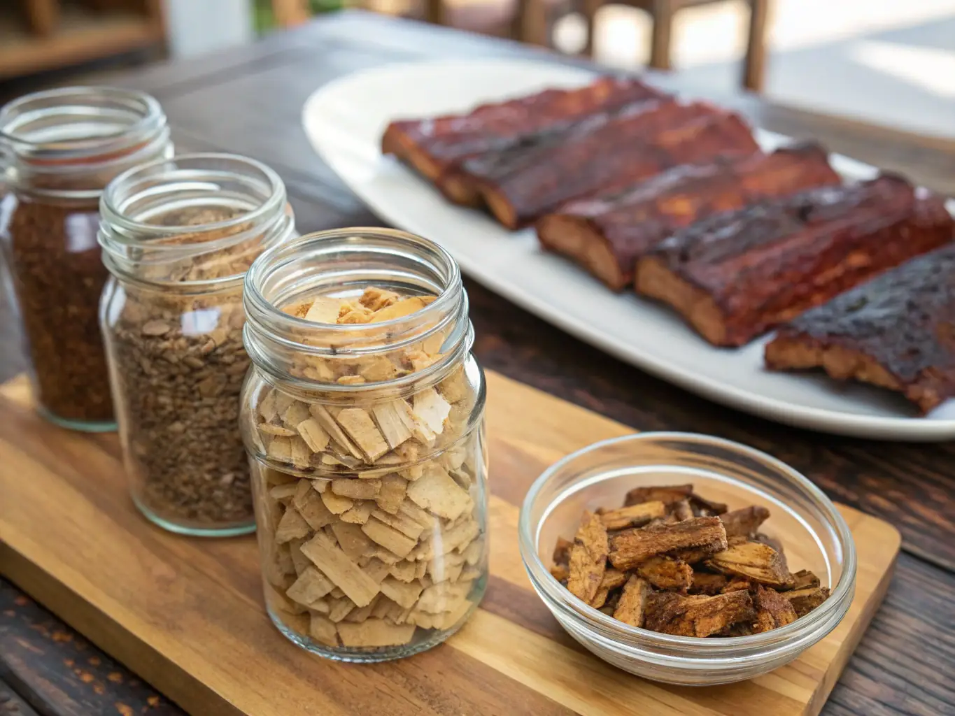An assortment of Smoking Wood Chips in different wood varieties (e.g., hickory, apple, mesquite) displayed in clear glass jars, with smoked ribs in the background.