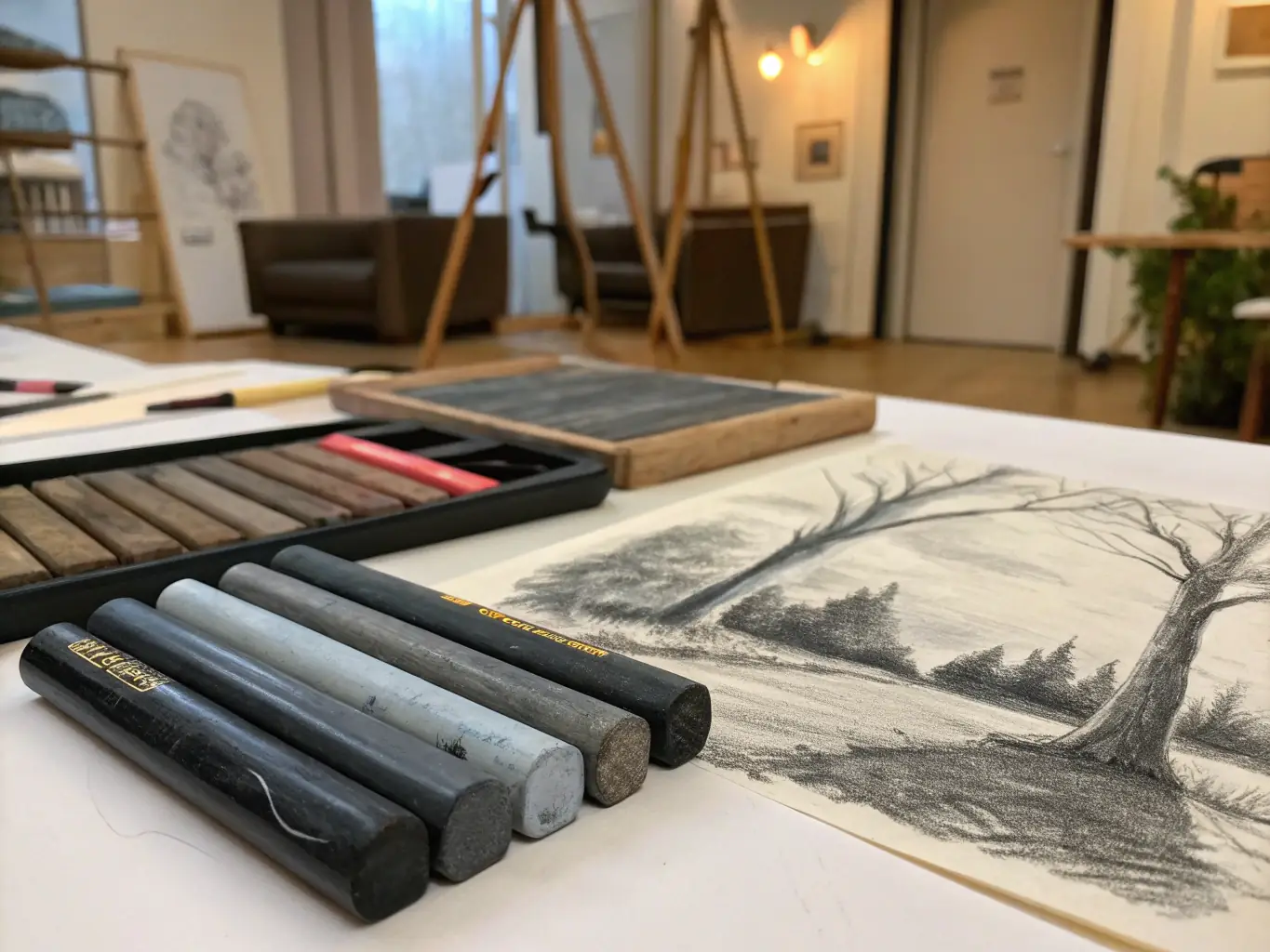 A set of Artistic Charcoal Sticks of varying shades and thicknesses, arranged on a drawing pad with a partially completed charcoal sketch.