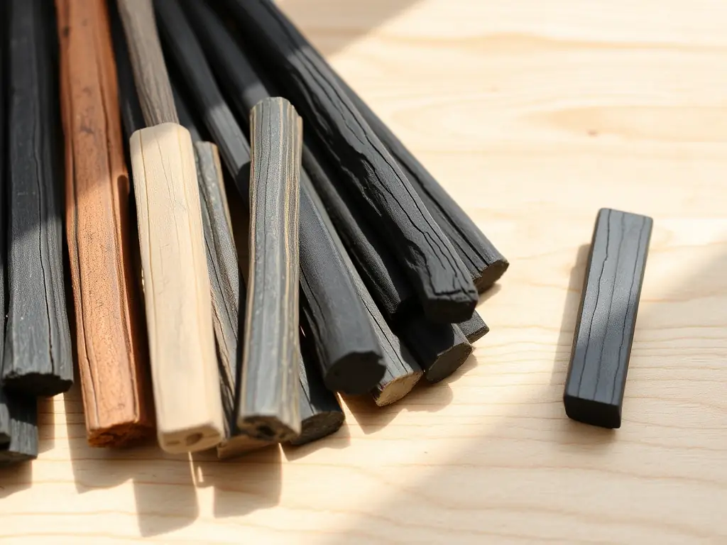 A visually appealing arrangement of CharGlow's Artistic Charcoal Sticks, showcasing their different sizes and shades. The image should emphasize the smooth texture and rich, dark lines that these sticks produce, appealing to artists and drawing enthusiasts.