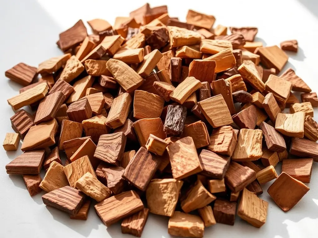 A detailed image of CharGlow's Smoking Wood Chips, displaying the variety of wood types and their natural textures. The chips are arranged in a way that highlights their quality and the aromatic potential they offer for smoking.
