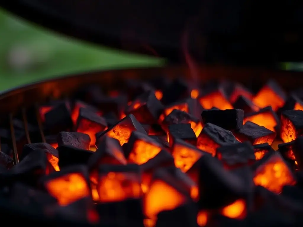 A close-up shot of CharGlow's Premium Grilling Charcoal, showcasing its uniform size and texture, with flames subtly visible in the background to emphasize its burning quality. The image should convey the high-quality and long-lasting burn of the charcoal.